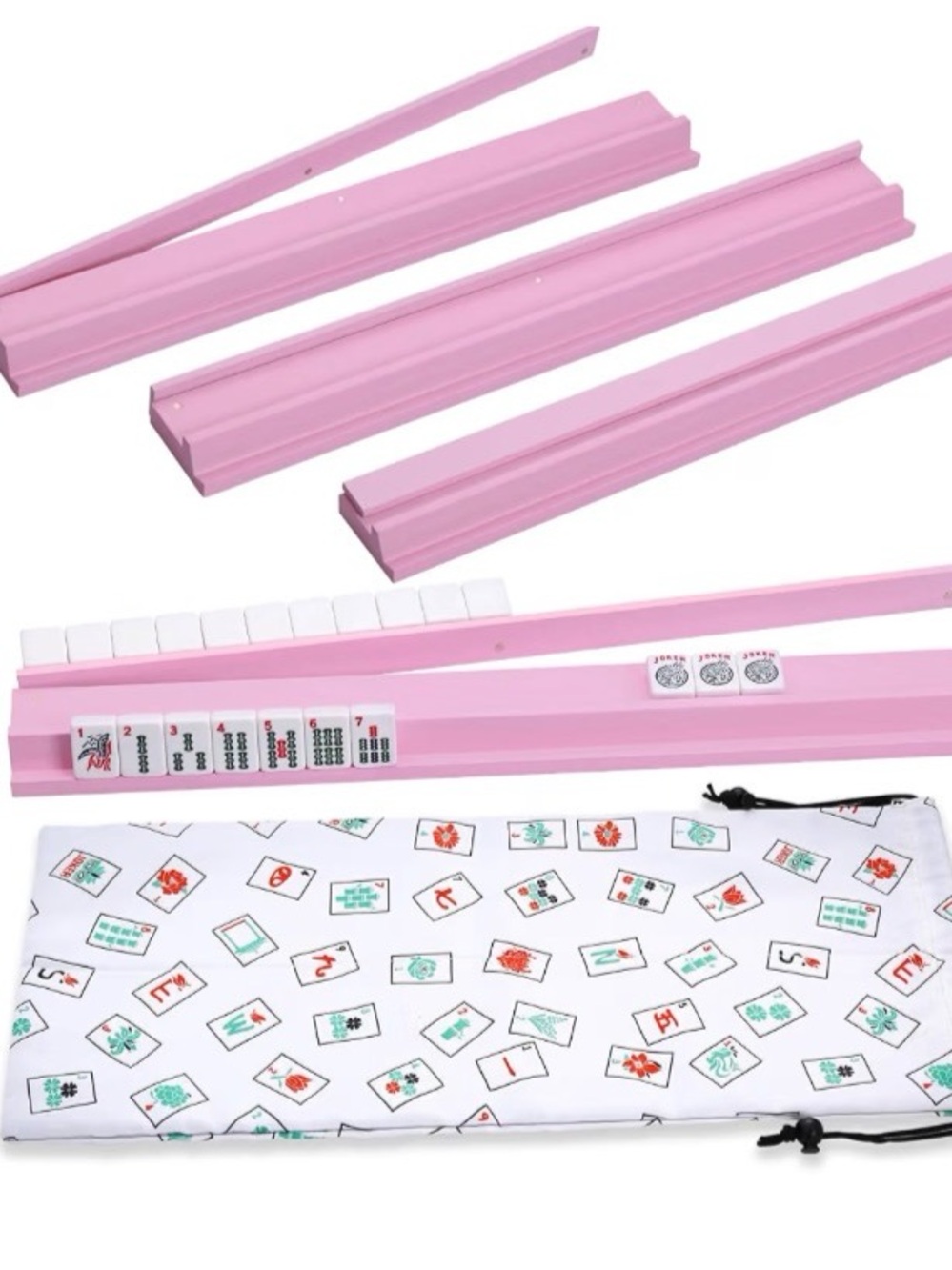 New Pink Mahjong Tile Racks with Drawstring Storage Bag